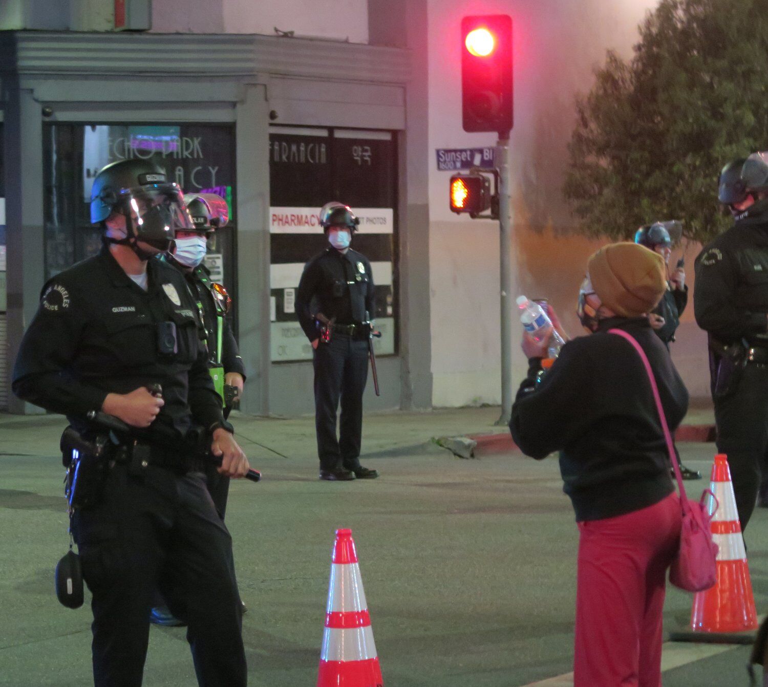 Police and protestor standoff in echo park